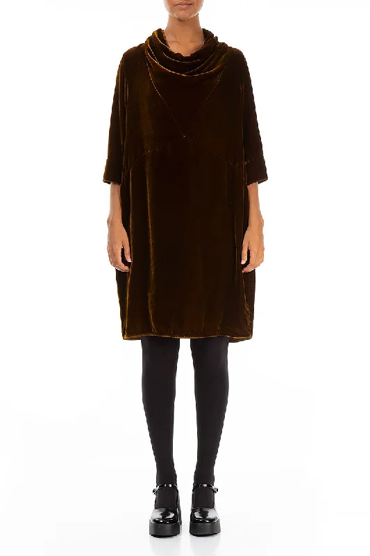 Cowl Neck Brown Silk Velvet Dress