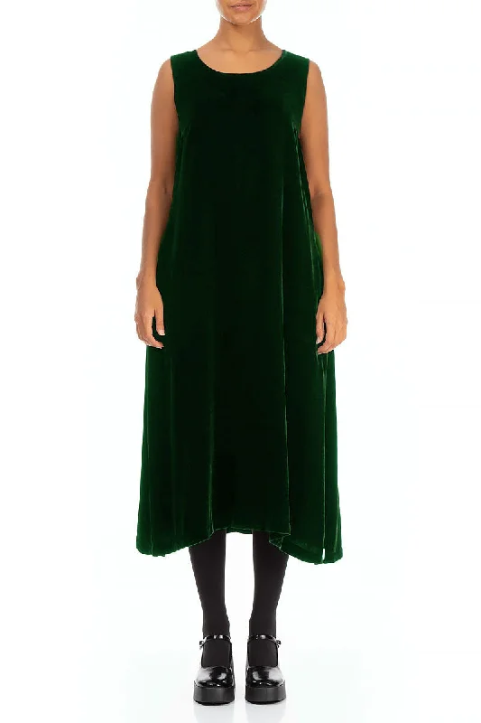 Sleeveless Pine Green Silk Velvet Shift Dress