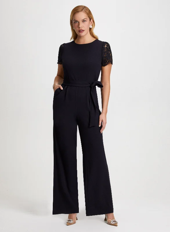 Lace Sleeve Belted Jumpsuit