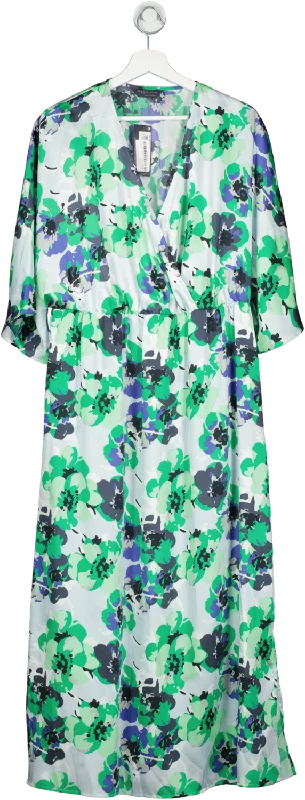 M&S Green Floral V-neck Midi Waisted Dress UK 14