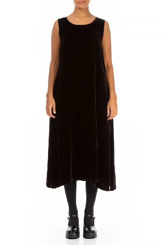 Sleeveless Brown Silk Velvet Shift Dress