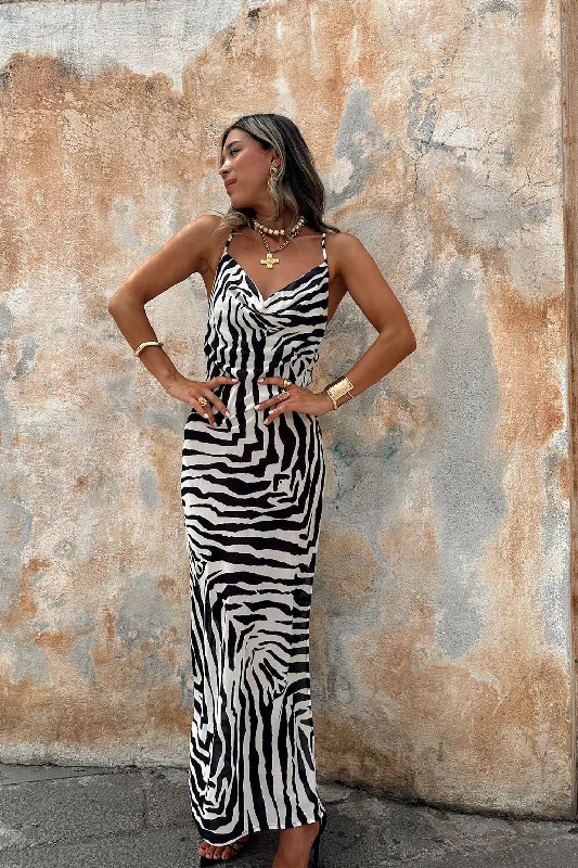 Gianna Zebra Cowl Neck Chiffon Maxi Dress