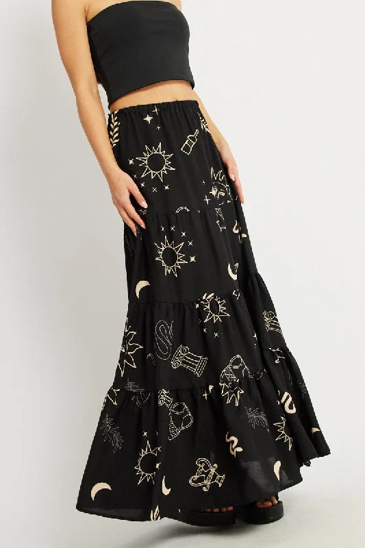 Black Abstract Maxi Skirt Tiered High Rise Elastic Waistband