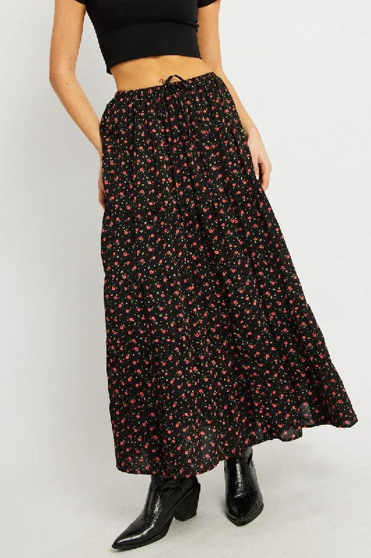 Black Ditsy Maxi Skirt Tiered High Rise