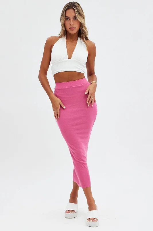 Pink Midi Skirt Front Split Jersey